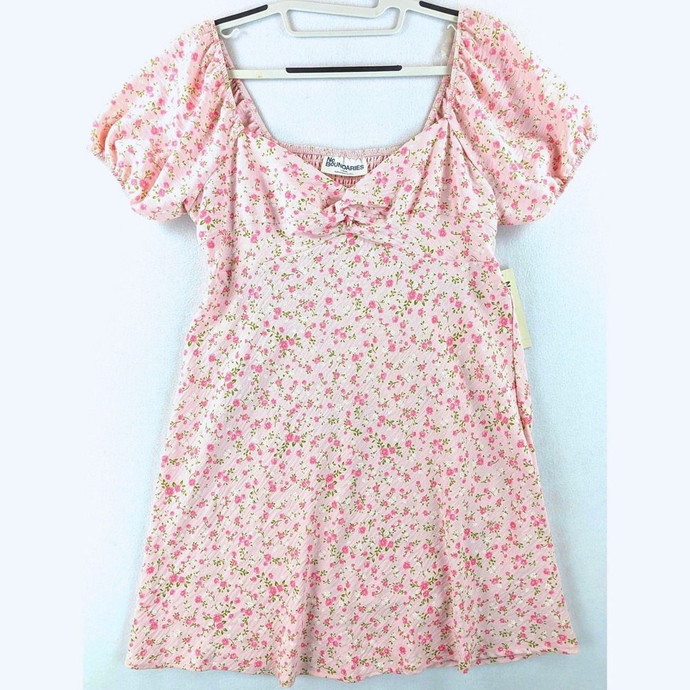 No Boundaries Pink Floral Puff Sleeve Mini Dress Womens L 12-14 Smocked NWT